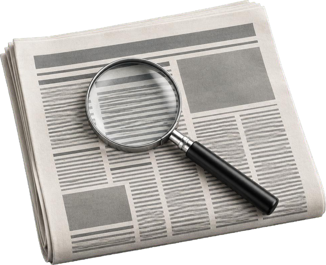 A newspaper and a magnifying glass